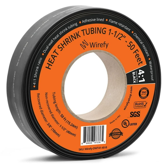 Wirefy 1-1/2" Heat Shrink Tubing - Large Diameter - 4:1 Ratio - Adhesive Lined - Industrial Heat-Shrink Tubing - 50 Feet Roll - Black