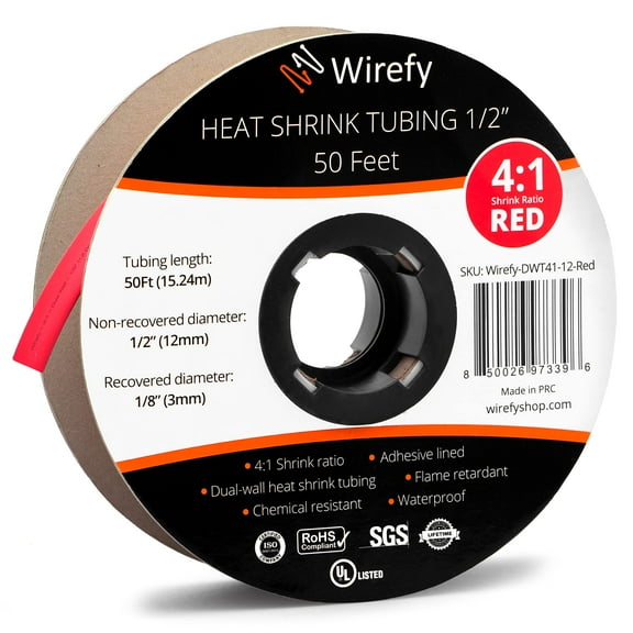 Wirefy 1/2" Heat Shrink Tubing - 4:1 Ratio - Adhesive Lined - Marine Grade Heat Shrink - 50 Feet Roll - Red
