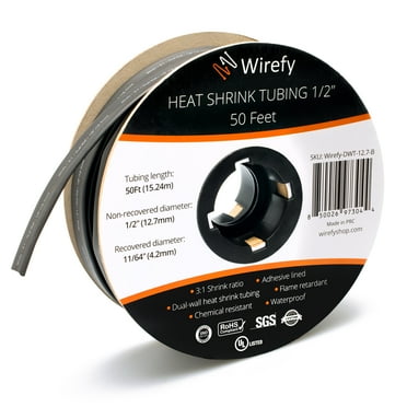 Wirefy 1/2" Heat Shrink Tubing - 50 ft Roll, Black, Electrical Wire Insulation