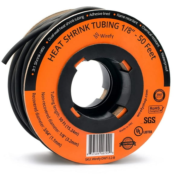 Wirefy 1/8" Heat Shrink Tubing - Black - 50 Feet Roll