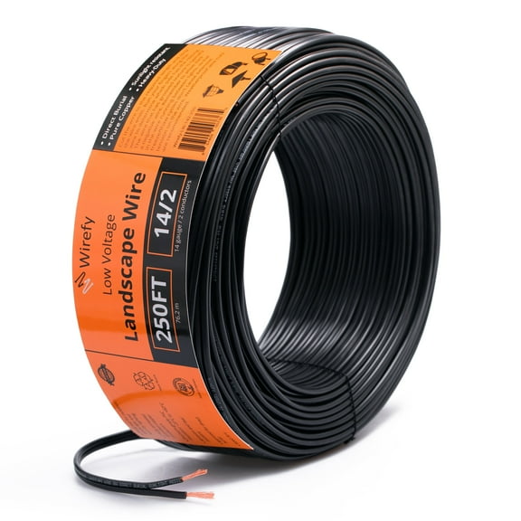 Wirefy 14/2 Low Voltage Landscape Lighting Wire - 250 Feet Outdoor Direct Burial - Black, 14-Gauge 2-Conductor