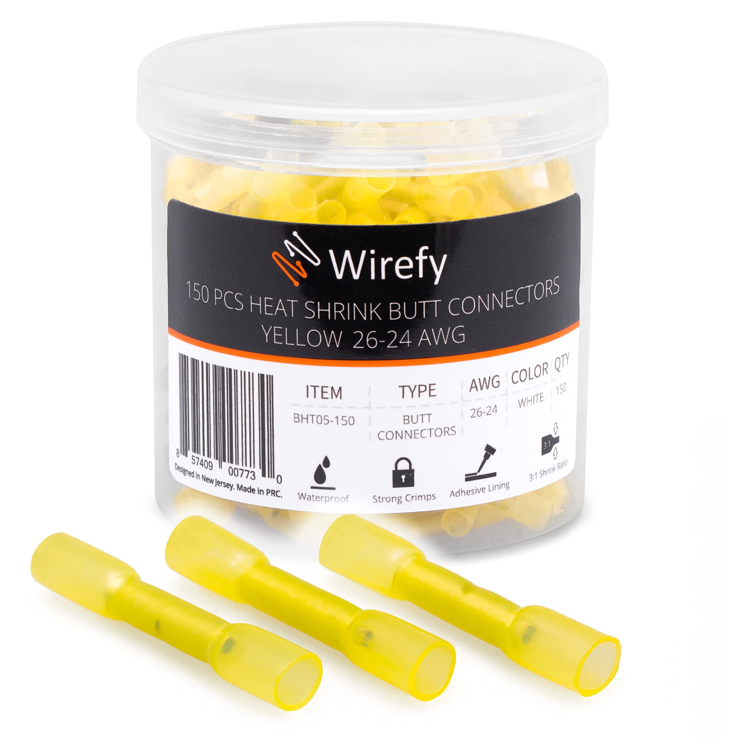 Wirefy 150 PCS Heat Shrink Butt Connectors Yellow 26-24 AWG - Smaller Diameter Marine Grade Butt Connectors - Wire Butt Splice Connectors - Electrical Waterproof Heat Shrink Butts