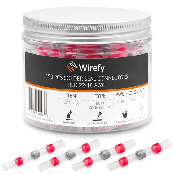 Wirefy 150 PCS Solder Seal Wire Connectors - Heat Shrink Solder Butt Connectors - Waterproof Solder Sleeves - Self Soldering Wire Connectors - Red 22-18 AWG