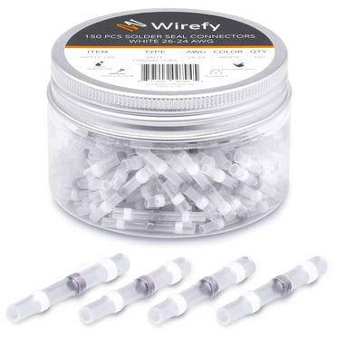 Wirefy 150 PCS Solder Seal Wire Connectors - Heat Shrink Solder Butt Connectors - Waterproof Solder Sleeves - Self Soldering Wire Connectors - White 26-24 AWG