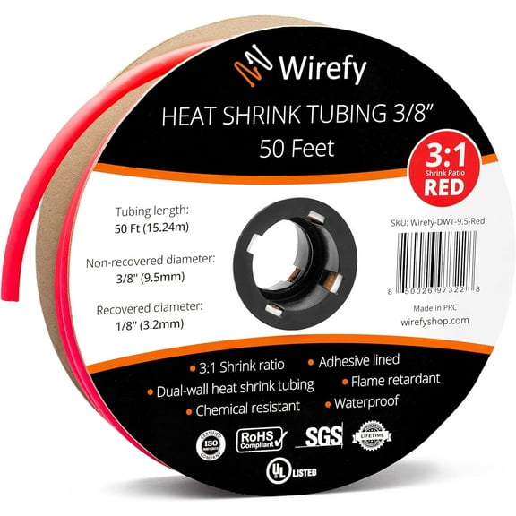 Wirefy 3/8" Heat Shrink Tubing - 3:1 Ratio - Adhesive Lined - Marine Grade - Red - 50 Feet - Pack of 1