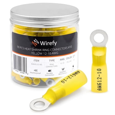 3M Heat Shrink Ring Terminals, 12-10 Gauge Wire, #8 Stud – Yellow Marine-Grade Connectors (Made In USA)
