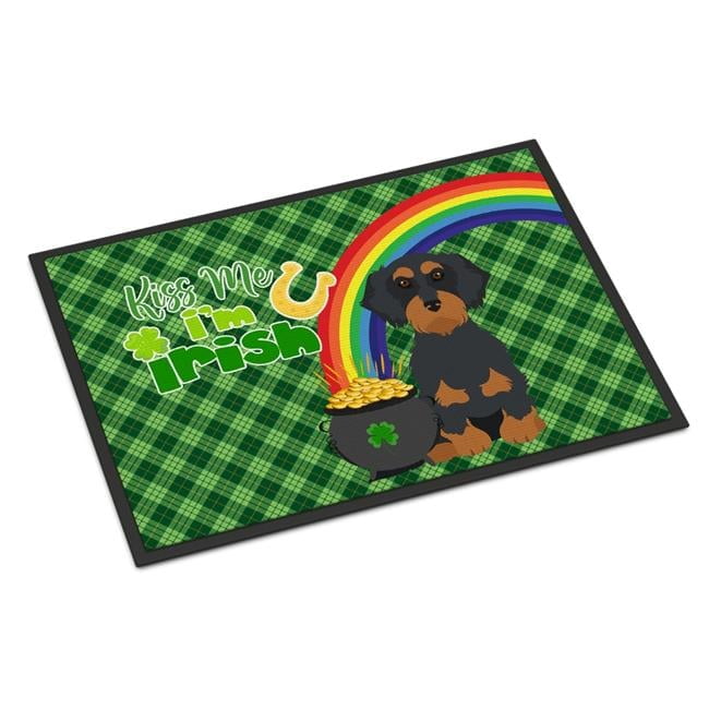 Wirehair Black and Tan Dachshund St. Patrick's Day Indoor or Outdoor Mat 24x36 36 in x 24 in