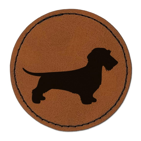 Wirehaired Dachshund Dog Solid 2.5" Faux Leather Round Engraved Iron-On Patch - Brown
