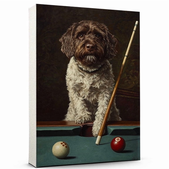 Wirehaired Pointing Griffon Dog Playing Billiards Stretched Canvas Size 8x12 – Sports Dog, Perfect for Animal Lovers, Wirehaired Pointing Griffon Dog Canvas, Billiards Canvas Size Wall Art