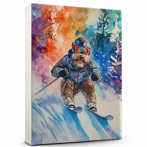 Wirehaired Pointing Griffon Dog Stretched Canvas Size 8x12 – Skiing Theme Dog Art for Wall, Wirehaired Pointing Griffon Dog Playing Skiing Wall Art, Dog Lover Canvas Decor