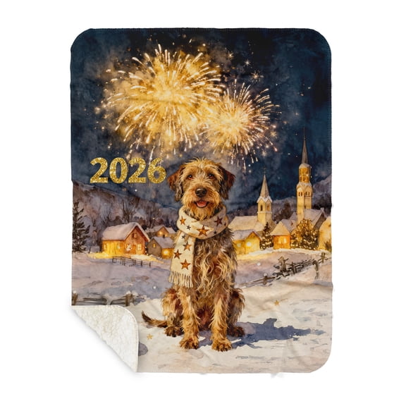 Wirehaired Pointing Griffon Happy New Year 2026 with Fireworks on New Year's Eve Cozy Sherpa Blanket Dog Lover Warm Soft Throw Blanket - 12022
