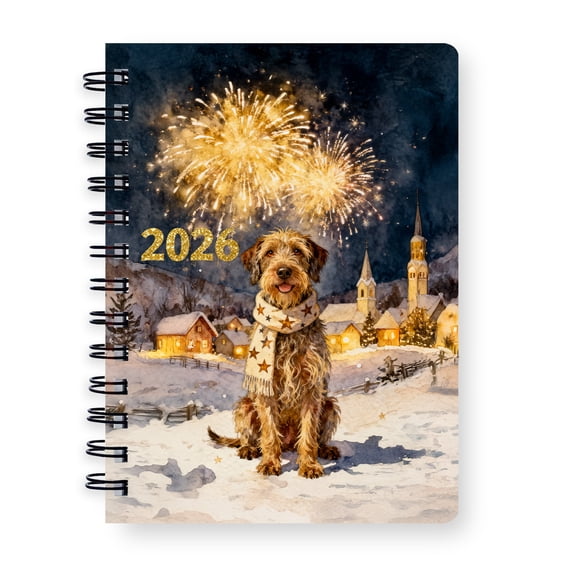 Wirehaired Pointing Griffon Happy New Year 2026 with Fireworks on New Year's Eve Spiral Bound Journal Dog Lover 5x7in Spiral Notebook - 12022