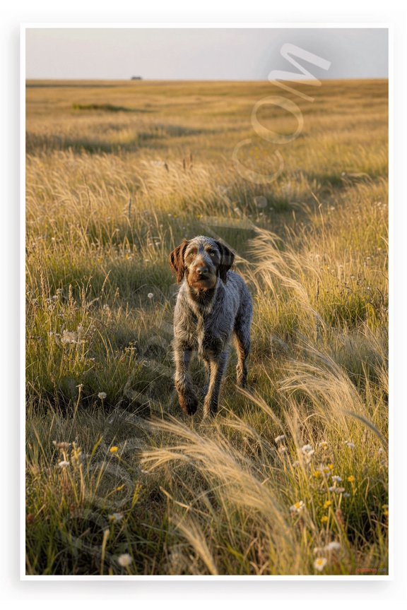 Wirehaired Pointing Griffon Pointing in Golden Hour Field Wildlife 12x18 US Made Poster