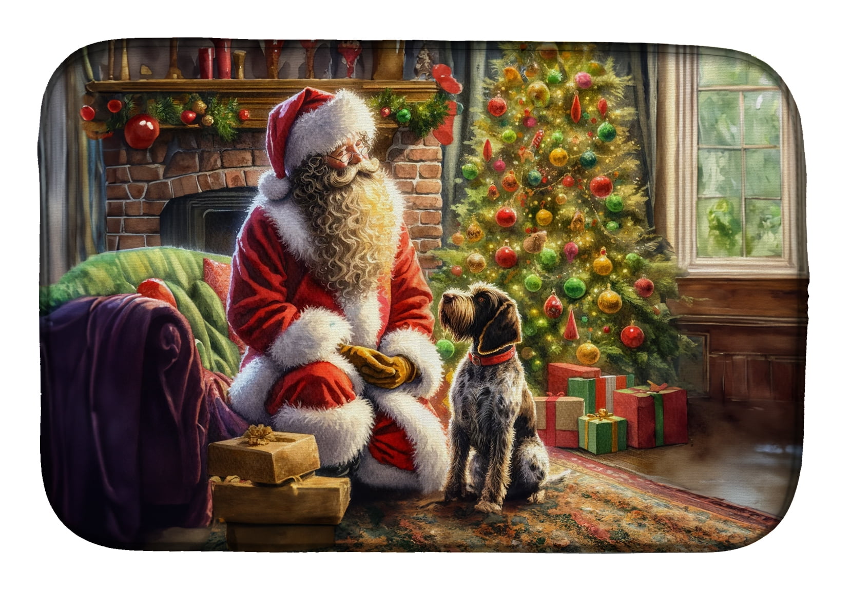 Wirehaired Pointing Griffon and Santa Claus Dish Drying Mat 14 in x 21 in