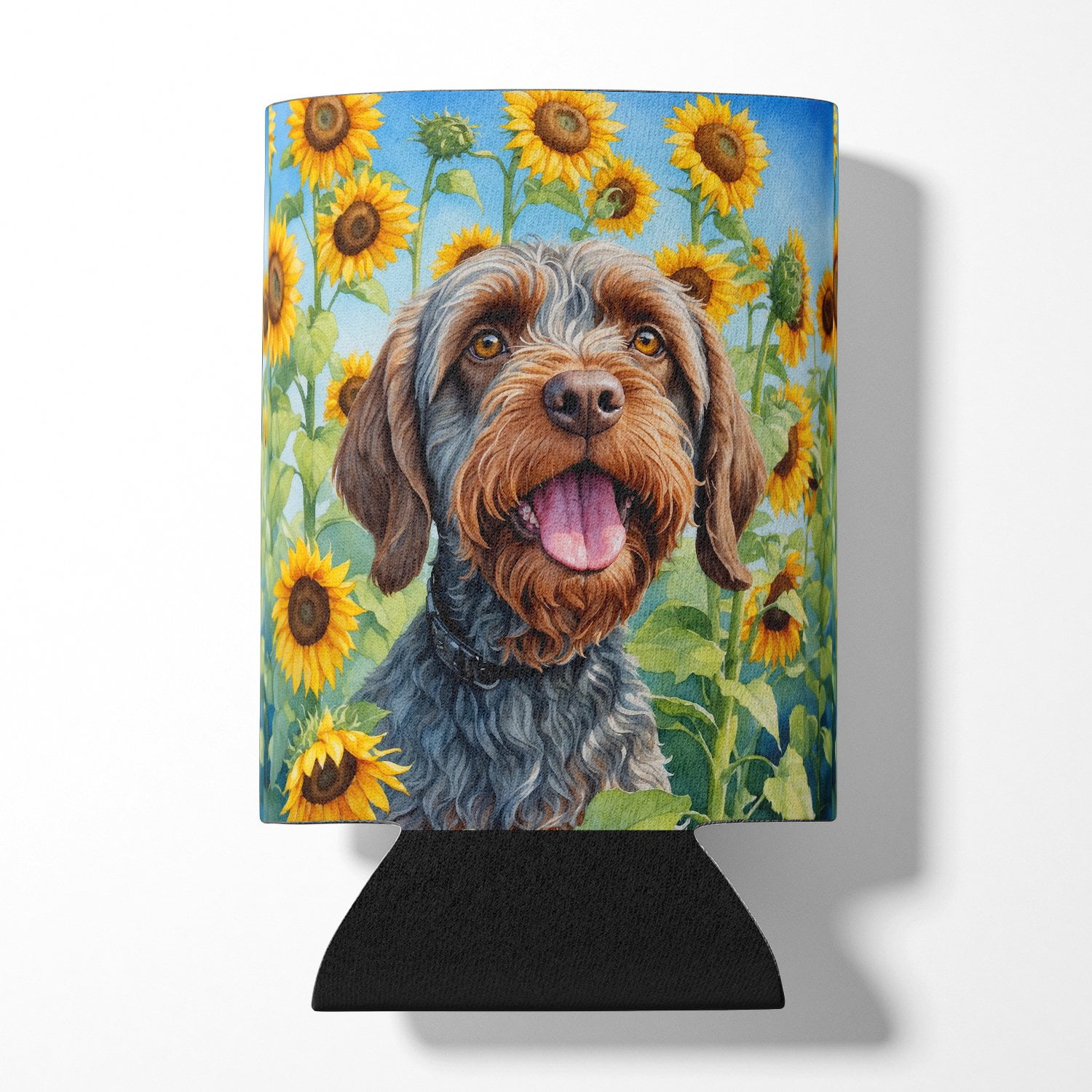 Wirehaired Pointing Griffon in Sunflowers Can or Bottle Hugger 3 in x 5 in