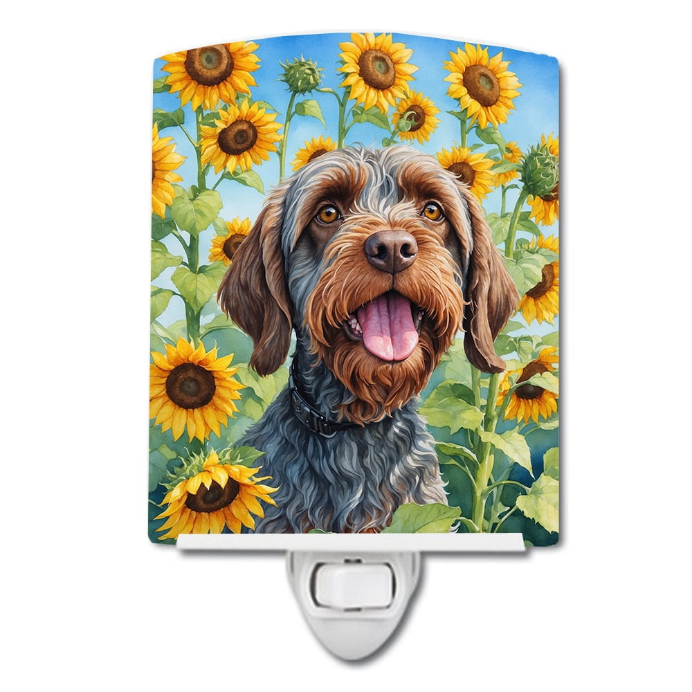 Wirehaired Pointing Griffon in Sunflowers Ceramic Night Light 4 in x 6 in