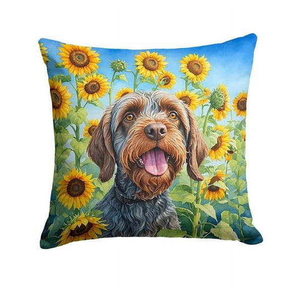 Wirehaired Pointing Griffon in Sunflowers Throw Pillow 18 in x 18 in