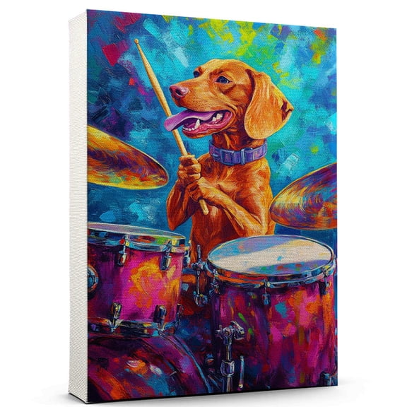Wirehaired Vizsla Dog Drum Kit Stretched Canvas Size 8x12 – Funny Wirehaired Vizsla Dog Playing Drum Kit Canvas Wall Art for Music Lovers, Pet Lovers, Home Decor