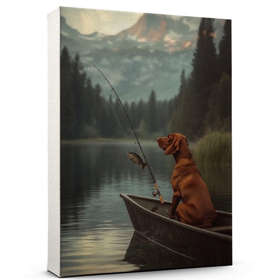 Wirehaired Vizsla Vintage Dog Fishing Canvas Artistic Sports, Wirehaired Vizsla Dog with Fishing Canvas Wall Print for Bedroom, Living Room, Office
