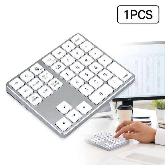 Wireless 2.4G Bluetooth Numeric Keypad 35 Keys, Rechargeable Silent Number Pad for Laptop Desktop, Portable Accounting Keypad with USB, Silver