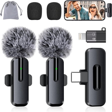 Wireless 2 Pack Clip-on Mini Microphone Compatible with iPhone iPad Android for Video Recording Tiktok Youtube Vlog Podcast, Black