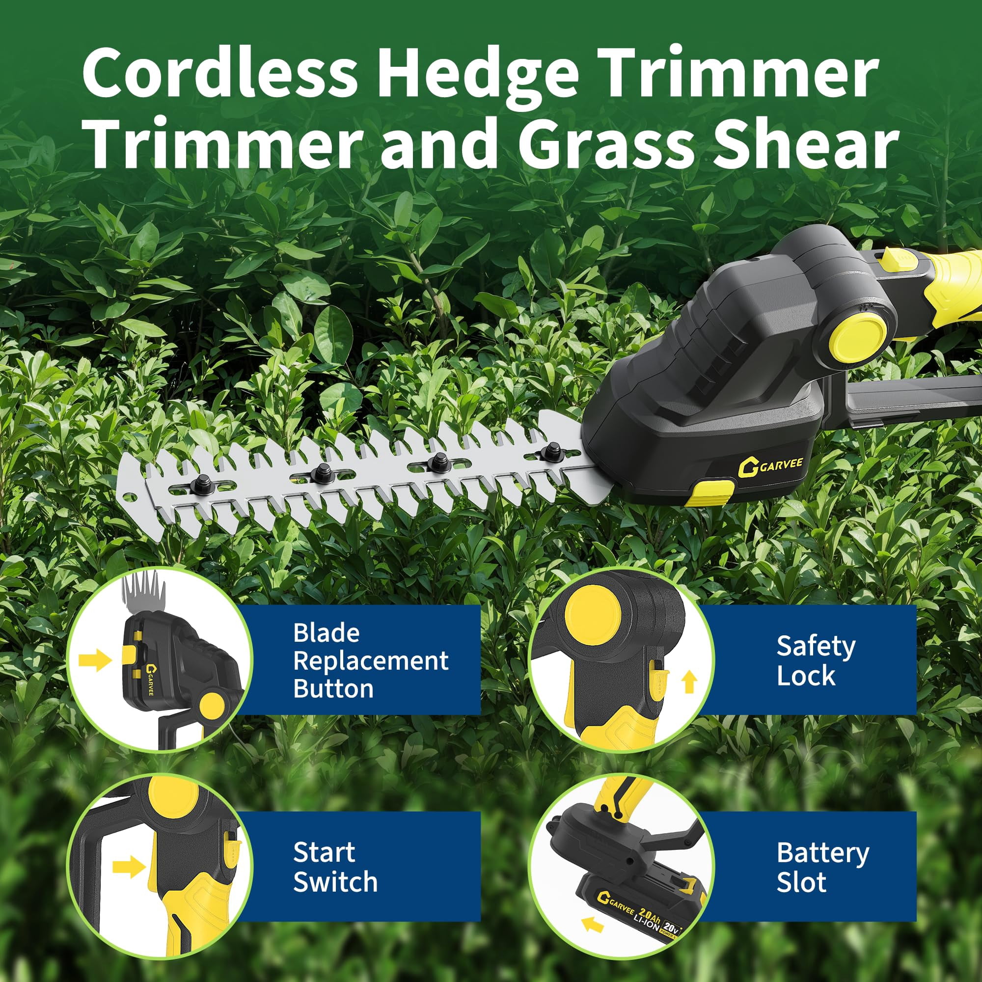 Wireless 2-in-1 Hedge Trimmer & Grass Shear – 20V Handheld Electric, 2 Batteries, Charger, Up to 120 Min Runtime for Garden, Lawn & Yard Care – Black + Yellow 108u