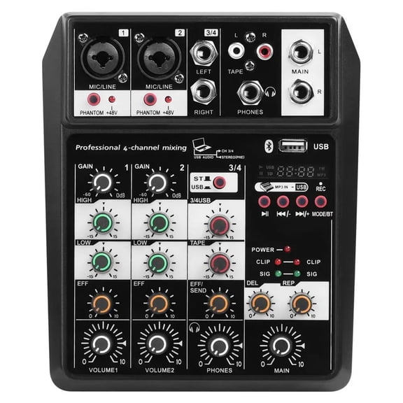 Wireless 4-channel Audio Mixer Console Portable Microphone Sound Mixing Console USB Interface Dj Mixer ,Precision Control and Adjustment