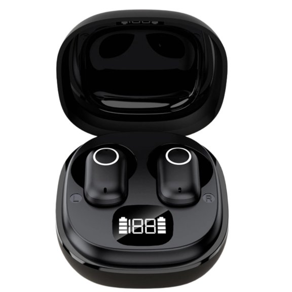Wireless 5.0 Half In-Ear Headphones, Smart Noise Cancelling Earphones, Compact Short Handle, Black Mini Earbuds, FCC/CE Certified
