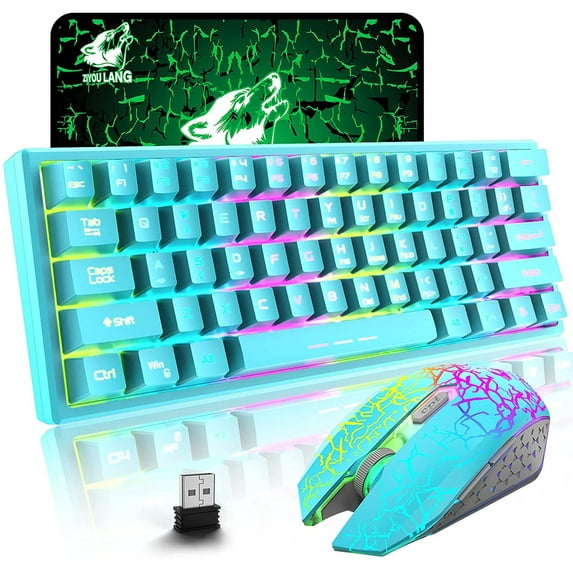 Wireless 61 Keys Gaming Keyboard and Mouse Combo, Rainbow LED Backlit Rechargeable Mute Mice for PC