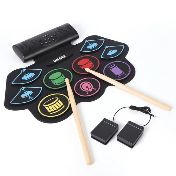 Wireless 9-Pad Roll-Up Electronic Drum Set - Dual Stereo Speakers, App Learning, Recording, Drum Sticks & Pedals, Headphone Jack - 9-Panel Wireless Portable External Electronic Drum