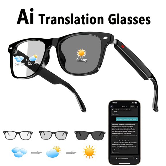 Wireless AI Audio Smart Glasses Multi-Language Translator Anti-Blue Light Hands-Free Call Music for Phone Tablet Travel