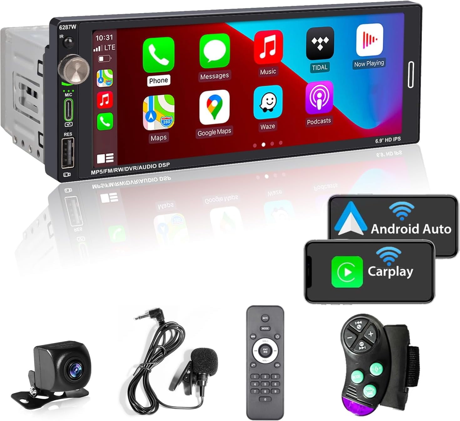 [Wireless] Alondy Single Din Car Stereo Compatible with Apple CarPlay Android Auto 6.9 inch Touchscreen Bluetooth AM/FM Radio Type-C USB Fast Charge 2.1A Rear Camera