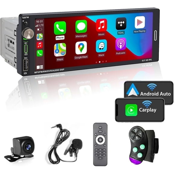 Alondy Single Din Car Radio with 6.9" Touchscreen, Compatible with Apple CarPlay Android Auto Bluetooth