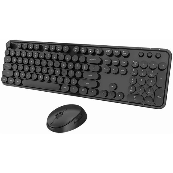 Wireless And Mouse Combo  Cute Full Size 104-key Typewriter Retro Round Keycaps For Pc Laptop Windows Desktop Perfer Home Office Keyboards (black)