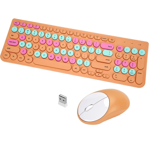Wireless And Mouse Combo Retro Typewriter With Round Keycaps 2.4ghz Usb Cute For Computer Desktop Laptop (orange Colorful)