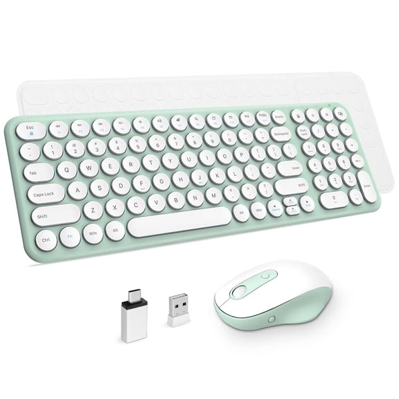 Wireless And Mouse  Compact Full Size Cute Retro Round Keycap - 2.4ghz Ultra-slim Quiet Aesthetic For Laptop Imac Windows Computer (macaron Green A)
