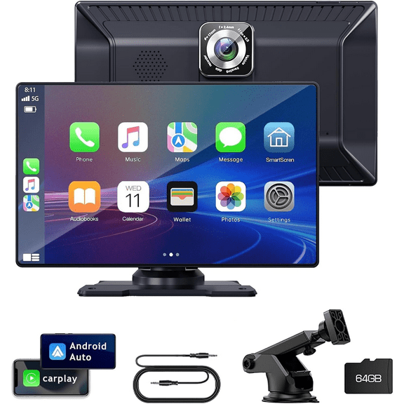 Wireless Apple Carplay Screen, Portable 9'' Touch Screen Android Auto with Front 2.5K Dash Cam, Loop Recording, GPS Navigation Head Unit, Bluetooth, Mirror Link, AirPlay