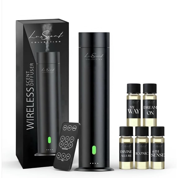WIRELESS AROMA Diffuser Scent Oil - Home Luxury Portable Scent Diffuser - Remote Control Waterless Diffuser - 1000 sq. ft Coverage - Essential Oil 20ml sample pack included - Aromatherapy (Black)