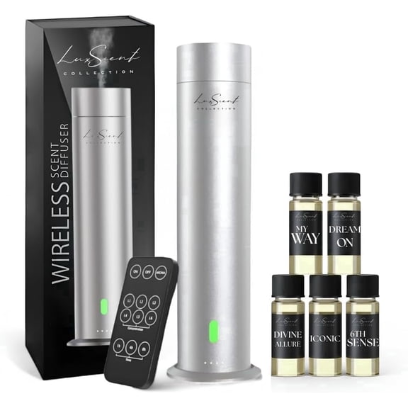 Luxscent Collection Wireless Aroma Diffuser with App & Remote Control, Waterless Essential Oil Diffuser, 1000 Sq Ft Coverage, Silver, 20ml Sample Oil Included