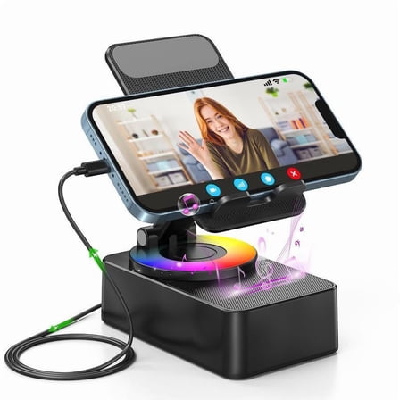 Wireless Audio Bluetooth Speaker 5in1 Phone Holder Emergency Rechargeable withColorful Ambient Light 300 Foldable for Tablet iPhone Android, Gifts for Men Women Black
