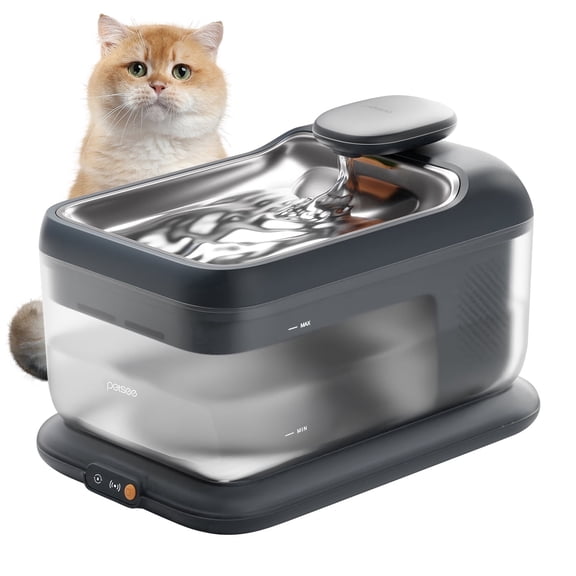 Petsee Wireless Automatic Pet Water Fountain 4.5L , Cordless Electromagnetic Pump, Stainless Steel Tray, Motion Sensor Mode, Ultra Quiet <30dB, Triple Filtration for Cats & Dogs,S7-Air-gray
