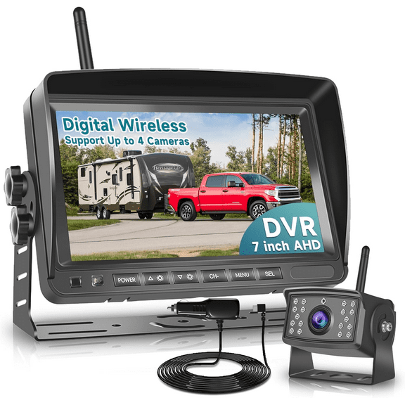 Wireless Backup Camera for RV, 7" IPS Monitor Kit AHD Rear View Camera Waterproof Night Vision DVR Recording, Wireless Reverse Camera 12V-36V for Truck/Trailer/RV/Camper/Excavator/Caravan