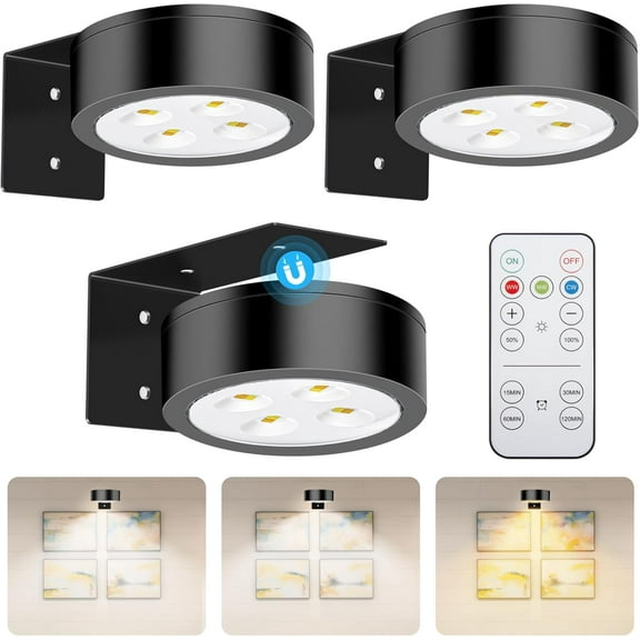 Wireless Battery Operated Painting Light with Remote Control,3 Lighting Modes Magnetic Led Art Display Light for Picture Frame, Dimmable and Timer, Wall Decor Display Light 3Pack Black