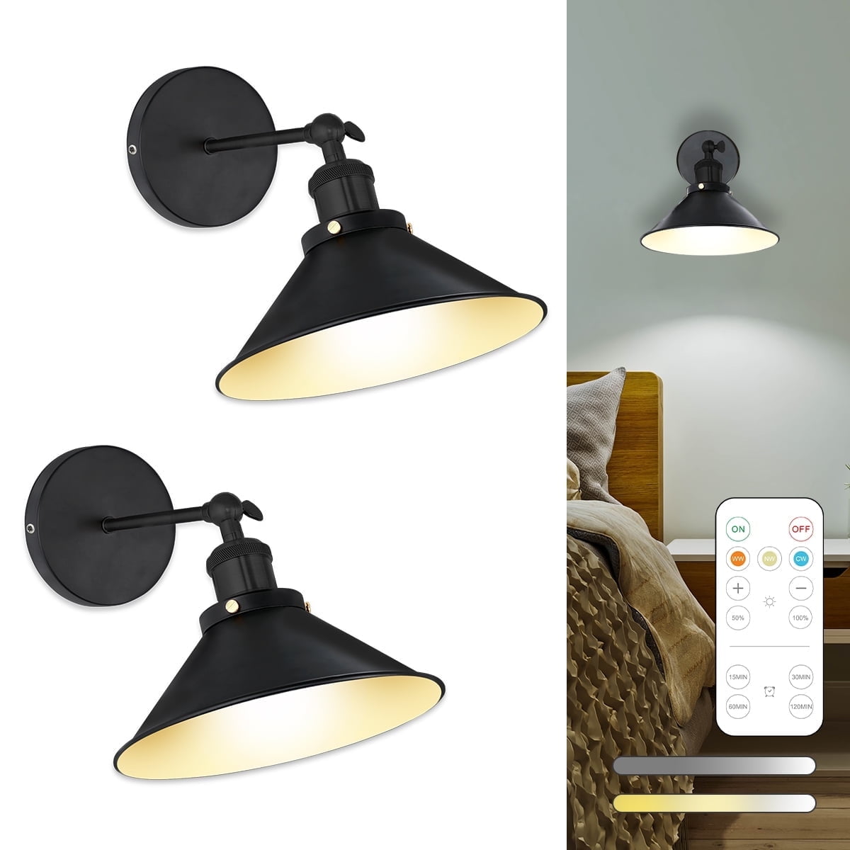 Wireless Battery Operated Wall Sconces, Industrial Timer Dimmable 13 Color Battery Powered Led Wall Lights Set of 2, Wall Lamp Fixture Indoor with Remote Control for Bedroom Farmhouse Gallery(Black)