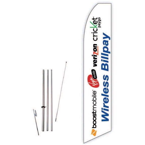 Wireless Bill Pay White Super Novo Feather Flag - Complete with 15ft Pole Set and Ground Spike