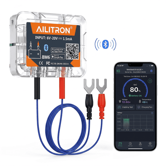 Wireless Bluetooth 4.0 12V Battery Monitor BM6 - Car Battery Health Check APP Tester for Android & iOS - IP67 Waterproof, Compatible with All 12V Vehicle Batteries