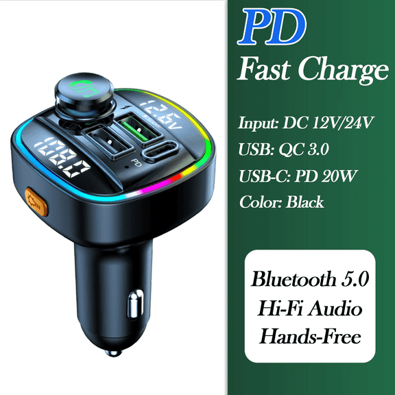 20W PD Fast Charger Bluetooth 5.0 FM Transmitter for Car with LED Voltage Display 3-Port QC3.0 Adapter Hi-Fi Stereo Sound 7-Color RGB Light for iPhone Android