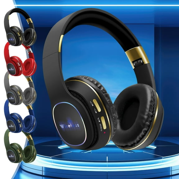 Wireless Bluetooth 5.0 Headphones with LED Lights, Wired/Wireless Dual Mode, Foldable Stereo Headset, AUX/SD Card Support, Adjustable Earmuffs - Gray/Red/Green/Blue (Includes USB Cable)