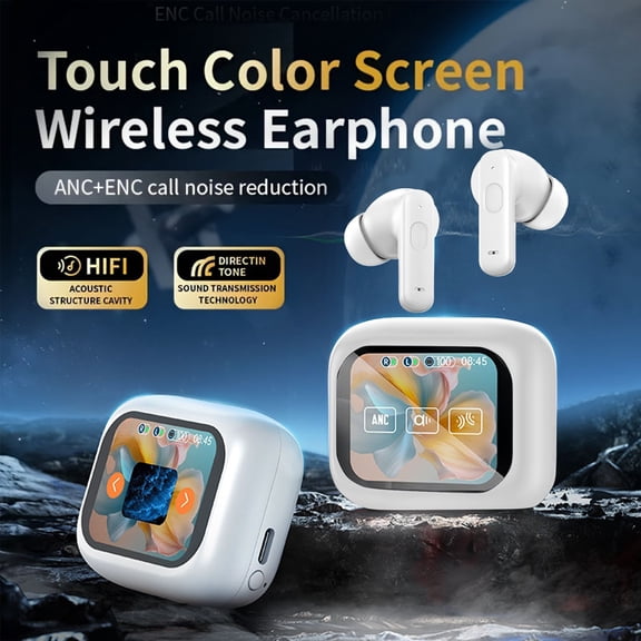 Wireless Bluetooth 5.4 Earbuds with Touch Screen Control, ANC Noise Cancelling, 5-6H Playtime, USB-C Fast Charging, Lightweight Comfort Fit for Sports/Gym/Office - Black/White