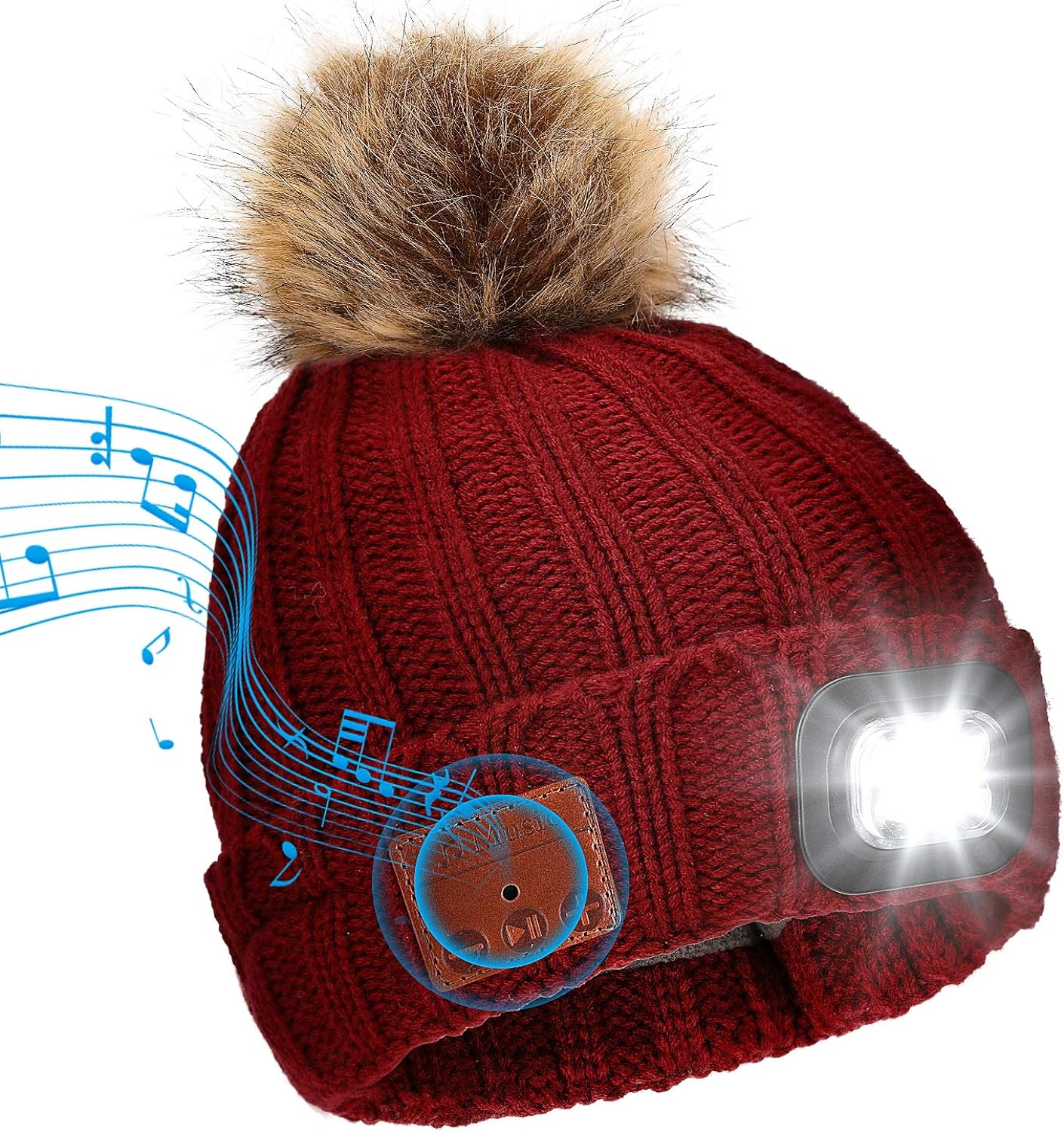 USB Rechargeable LED Lighted Fleece Lined Beanie Hat, 4 LED Headlamp Hat Bluetooth Beanie Hat with Light - Wireless Headphones & LED  main image 4